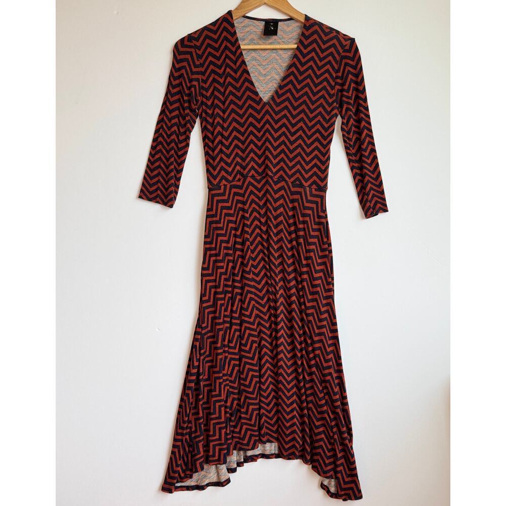 Agnes and Dora Chevron Print Midi Dress Size Extra Small Blue Red Pockets